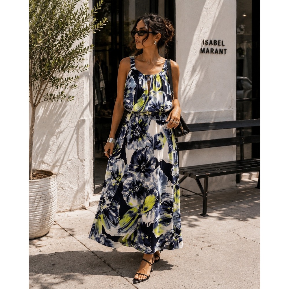 Chico's Women Floral Maxi Dress Navy Blue Lime Green Sleeveless Blouson Size3/XL